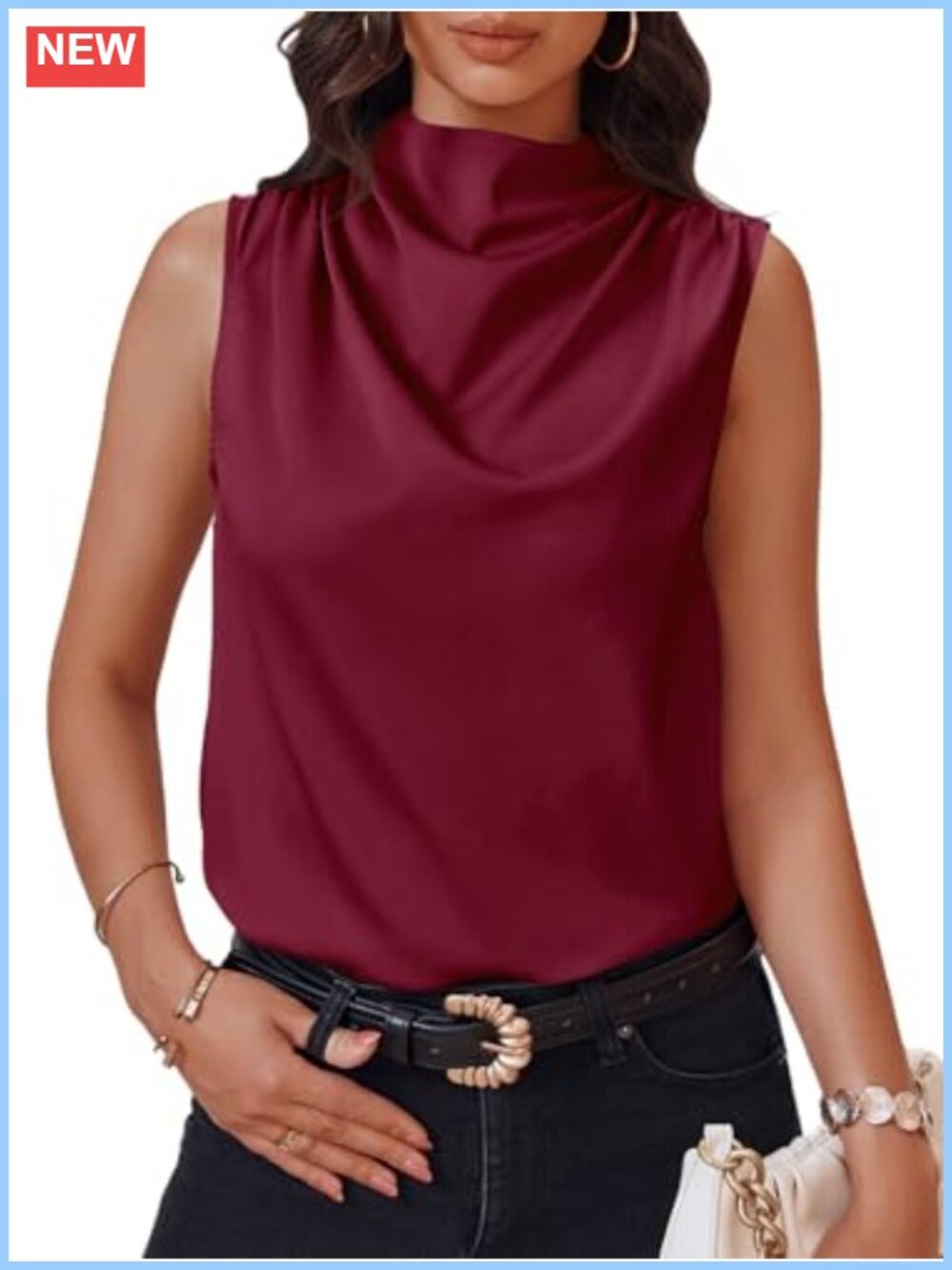 Mock Neck Satin Tank Top Sleeveless Ruched Business Casual